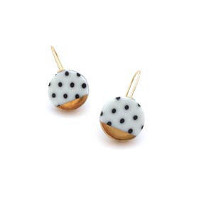 Black and white porcelain earring, pottery and ceramic, 18k solid gold, Gift for girlfriend, Polka dot, round gold dangle earrings image 3