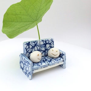 Miniature Ceramic couch dollhouse furniture, 18 wedding anniversary gift, made of porcelain