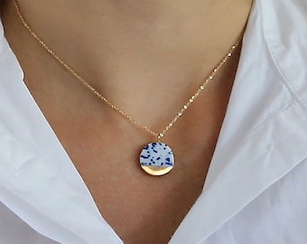 Blauwe en witte keramische ketting, porseleinen sieraden, 18e huwelijksverjaardag cadeau voor vrouw, Delfts aardewerk, 18k gouden sieradenset