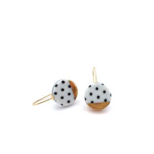 Black and white porcelain earring, pottery and ceramic, 18k solid gold, Gift for girlfriend, Polka dot, round gold dangle earrings image 2