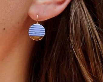 Gold porcelain dangle earrings with blue and white stripes, gift for sailors sea lovers