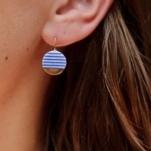 Gold porcelain dangle earrings with blue and white stripes, gift for sailors sea lovers