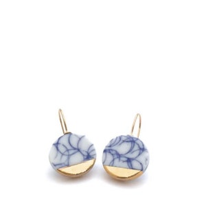 24k Gold Porcelain earrings in Vintage Blue and white ceramics, gift for 18 anniversary wife