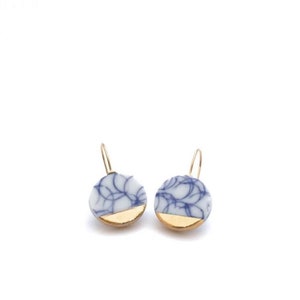 Delft porcelain earrings in Blue and white ceramic with 18k solid gold pottery anniversary gift