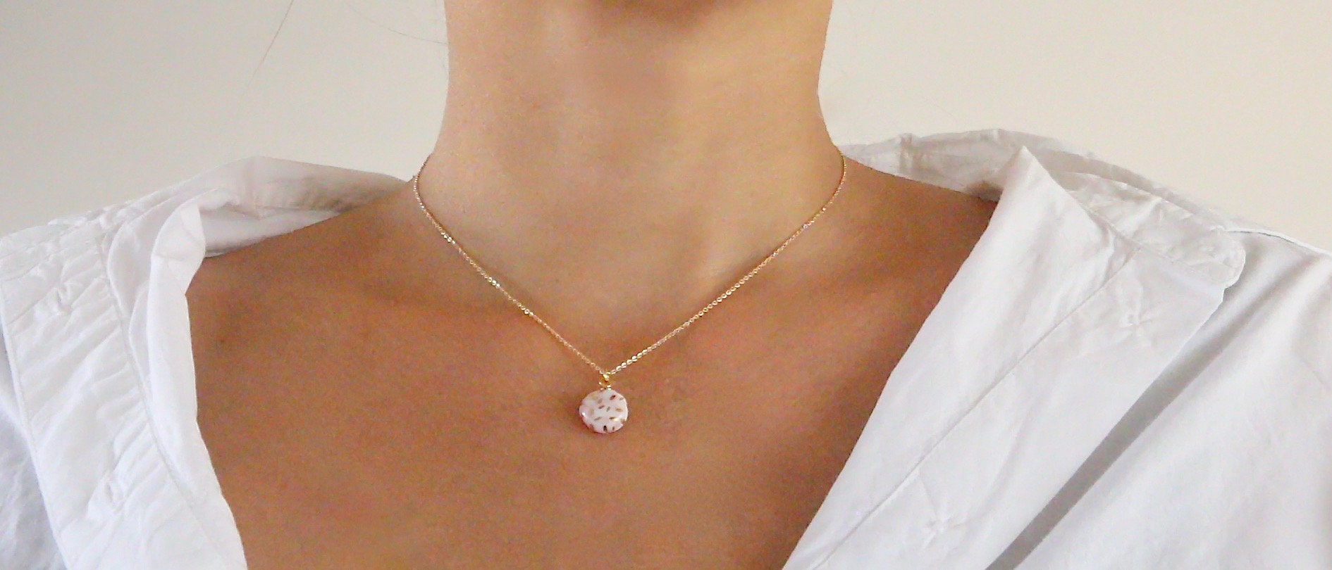 Rose and Gold porcelain necklace 14k gold filled collarbone Etsy