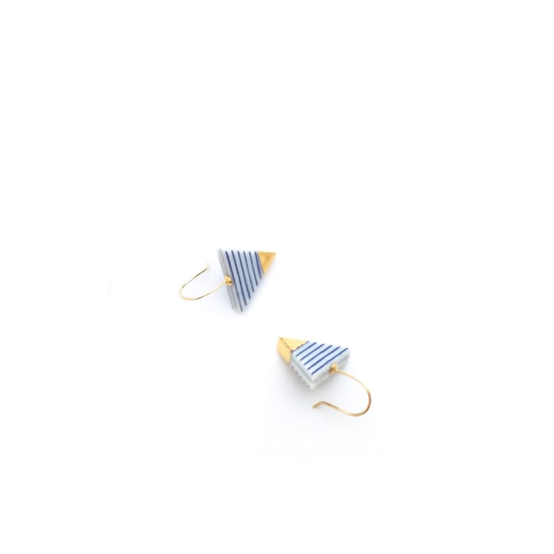 Blue white stripes porcelain gold earrings, Classic French look, porcelain jewelry, Sailor Breton stripes image 5