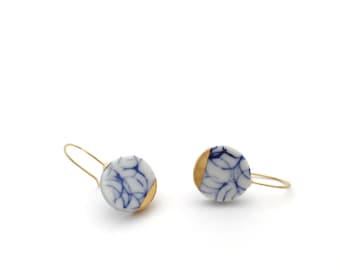 Dainty Blue porcelain earrings, broken china jewelry in gold