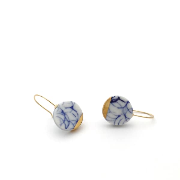 Dainty Blue porcelain earrings, broken china jewelry in gold