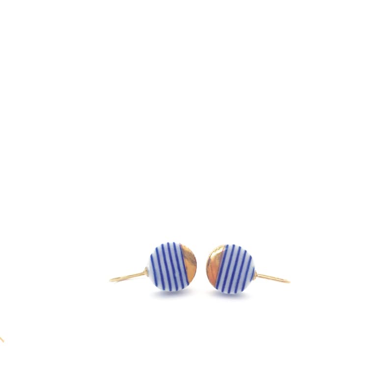 Blue white ceramic earrings, porcelain jewelry, Breton stripes, Nautical style, 18k solid gold, sailor stripes, French fashion, summer beach image 2