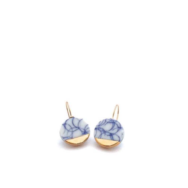 Delft Porcelain Gold hoop earrings with charm in blue and white pottery ceramic jewelry image 3