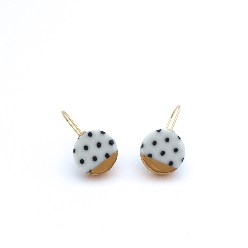 Black and white porcelain earring, pottery and ceramic, 18k solid gold, Gift for girlfriend, Polka dot, round gold dangle earrings image 5