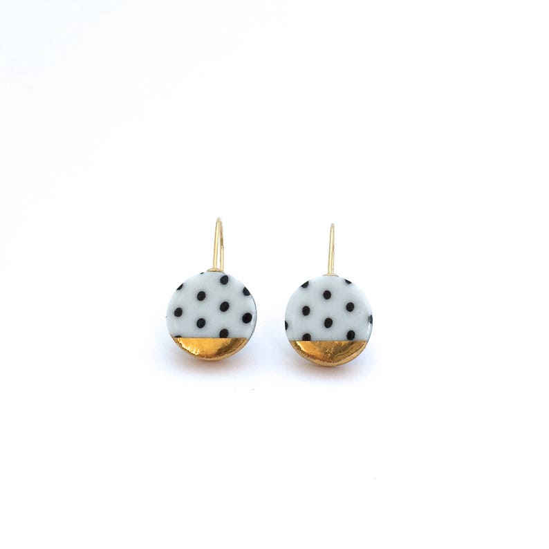 Black and white porcelain earring, pottery and ceramic, 18k solid gold, Gift for girlfriend, Polka dot, round gold dangle earrings image 4