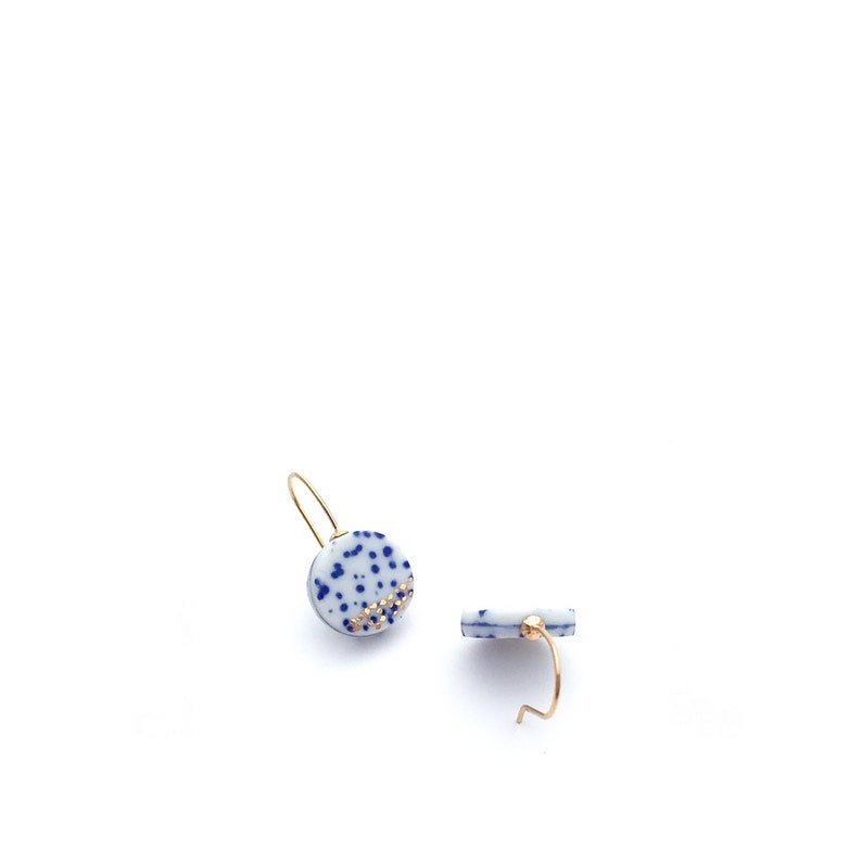 Porcelain dangle earrings in blue and white ceramics with golden stardust image 8