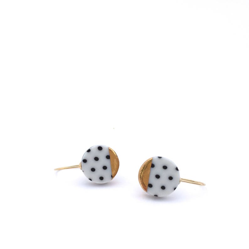 Black and white porcelain earring, pottery and ceramic, 18k solid gold, Gift for girlfriend, Polka dot, round gold dangle earrings image 7