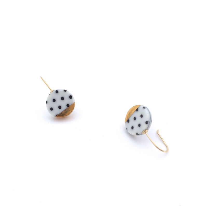 Black and white porcelain earring, pottery and ceramic, 18k solid gold, Gift for girlfriend, Polka dot, round gold dangle earrings image 8