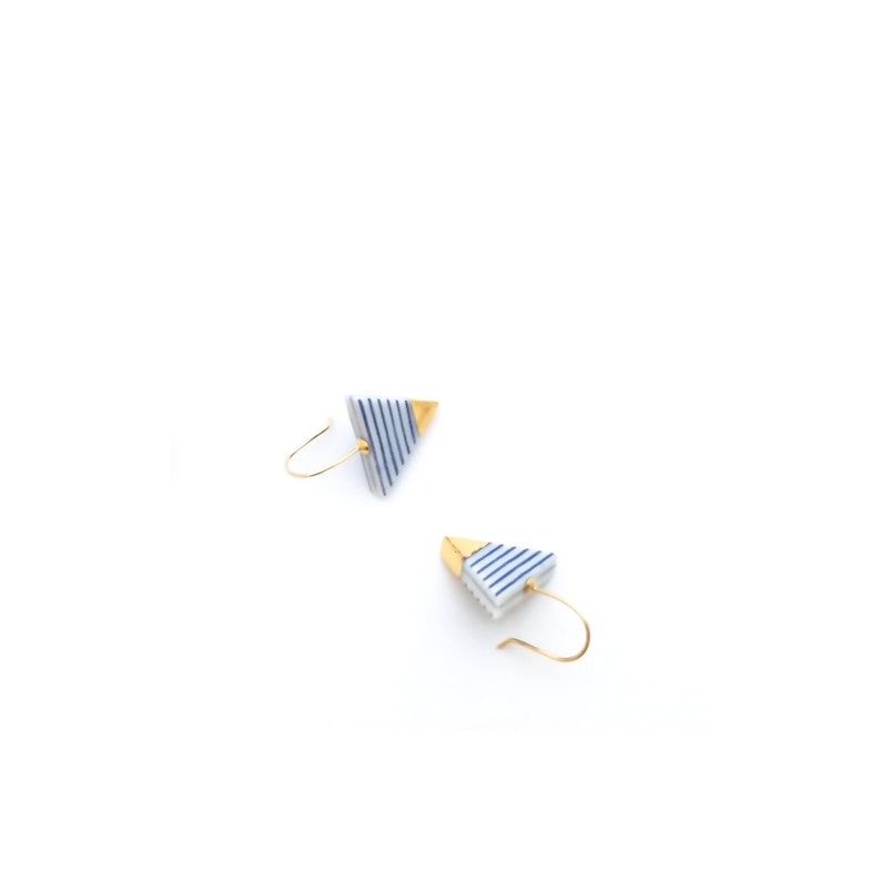 Blue white stripes porcelain gold earrings, Classic French look, porcelain jewelry, Sailor Breton stripes image 1