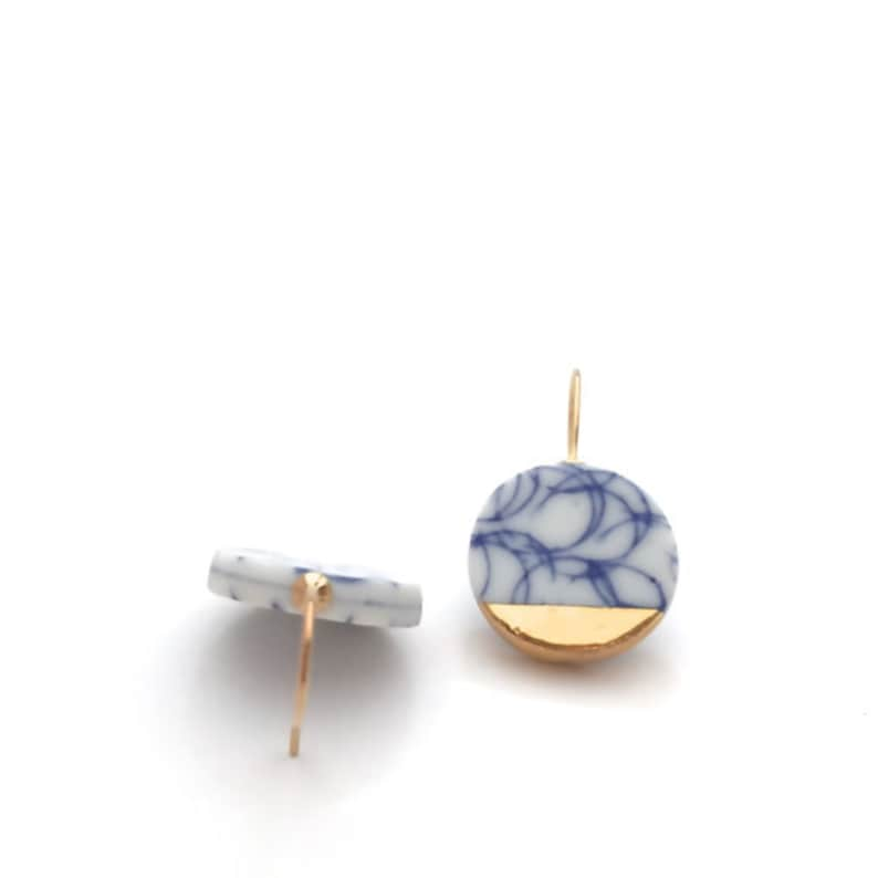 Delft Blue and white porcelain earrings in 18k solid gold ceramic blue white pottery jewelry gift image 3