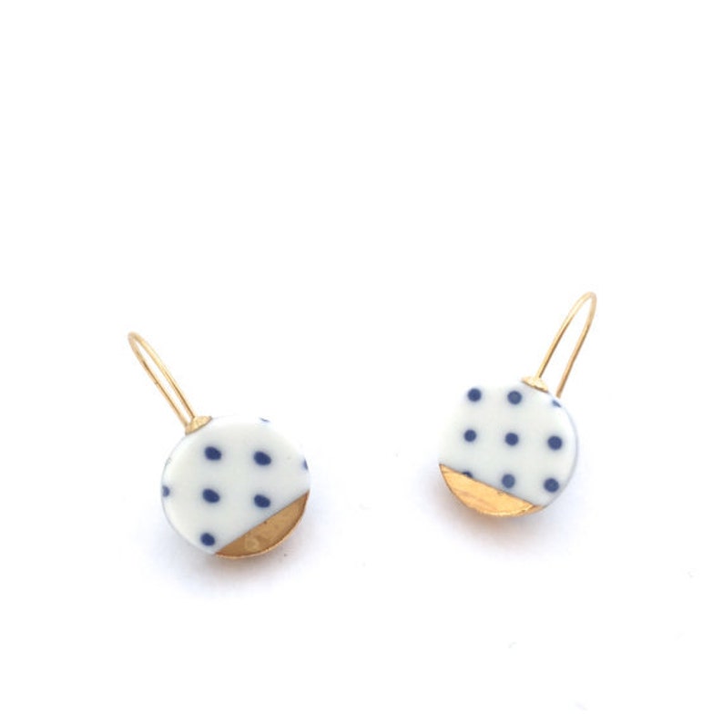 Blue and white Porcelain earring, ceramic jewelry, Polka dot, 18k gold earrings, pottery and ceramic, geometric earrings, Birthday gift image 3