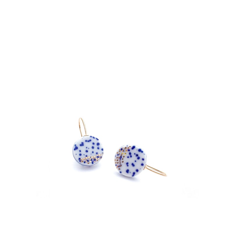 Porcelain dangle earrings in blue and white ceramics with golden stardust image 1