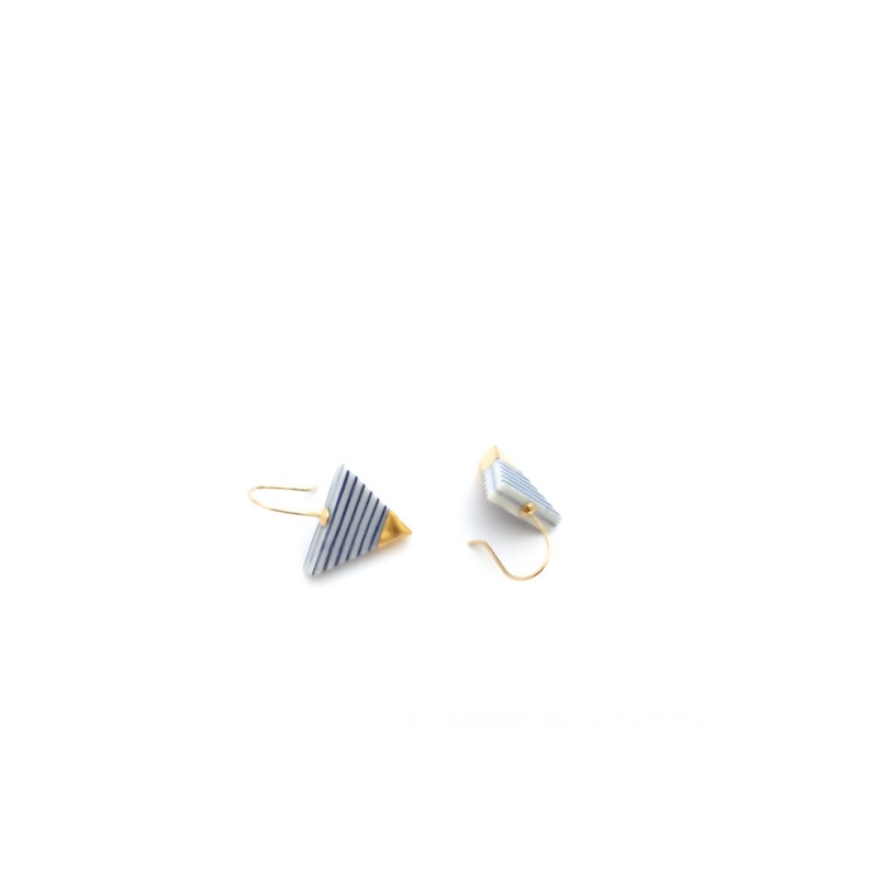 Blue white stripes porcelain gold earrings, Classic French look, porcelain jewelry, Sailor Breton stripes image 2
