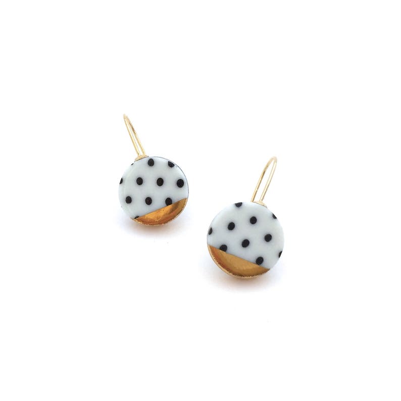 Black and white porcelain earring, pottery and ceramic, 18k solid gold, Gift for girlfriend, Polka dot, round gold dangle earrings image 3