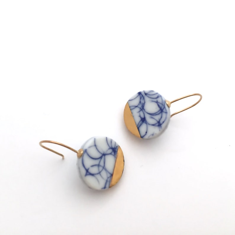 Delft Blue and white porcelain earrings in 18k solid gold ceramic blue white pottery jewelry gift image 5