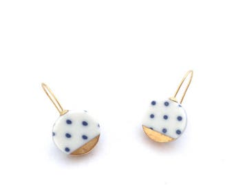 Polka dot Blue porcelain jewelry, ceramic earrings, pottery and clay