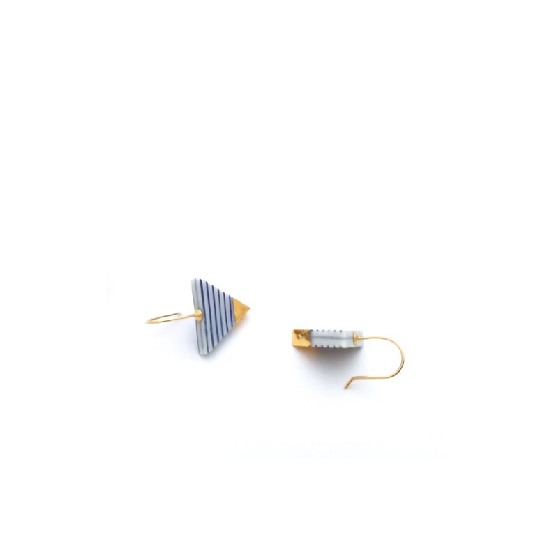 Blue white stripes porcelain gold earrings, Classic French look, porcelain jewelry, Sailor Breton stripes image 8