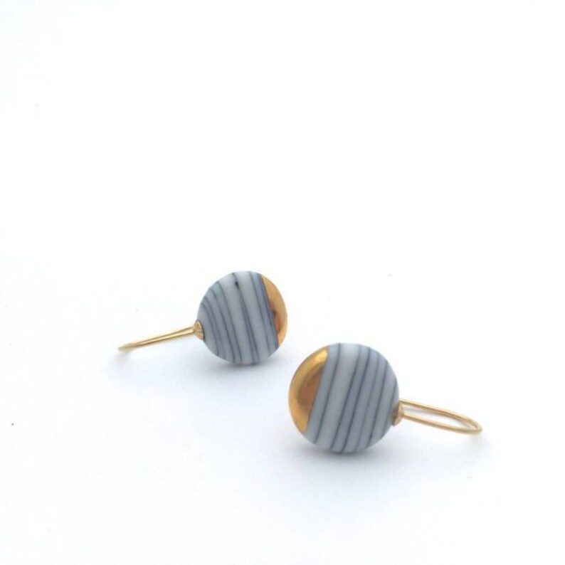Porcelain and gold earrings, ceramic jewelry, gold dipped earrings, Minimalist earrings, Scandinavian Modern, black and white stripes image 10