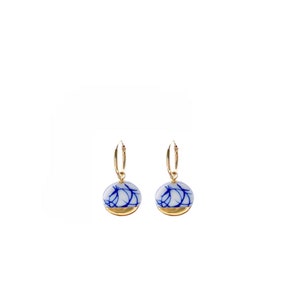 Delft Porcelain Gold hoop earrings with charm in blue and white pottery ceramic jewelry image 4