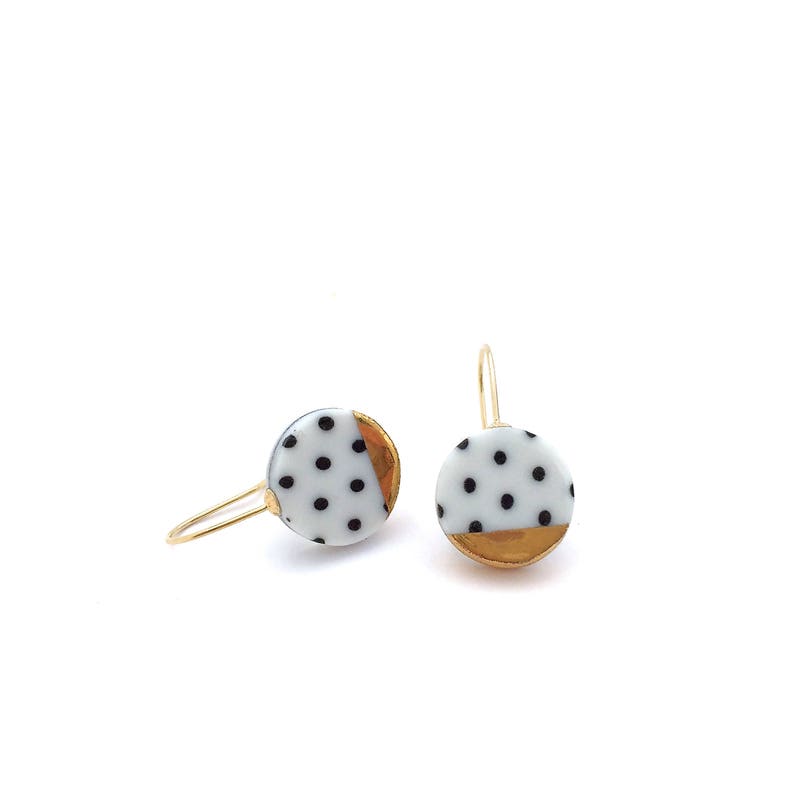 Black and white porcelain earring, pottery and ceramic, 18k solid gold, Gift for girlfriend, Polka dot, round gold dangle earrings image 2