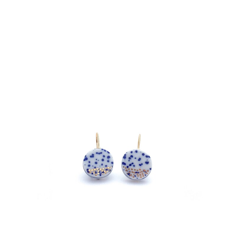 Porcelain dangle earrings in blue and white ceramics with golden stardust image 5