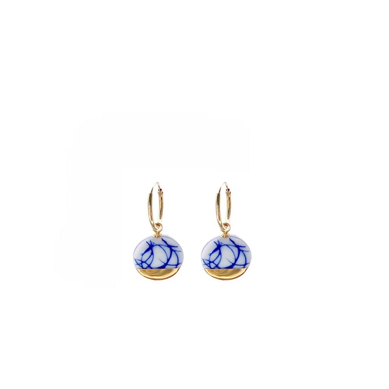 Delft Porcelain Gold hoop earrings with charm in blue and white pottery ceramic jewelry image 1