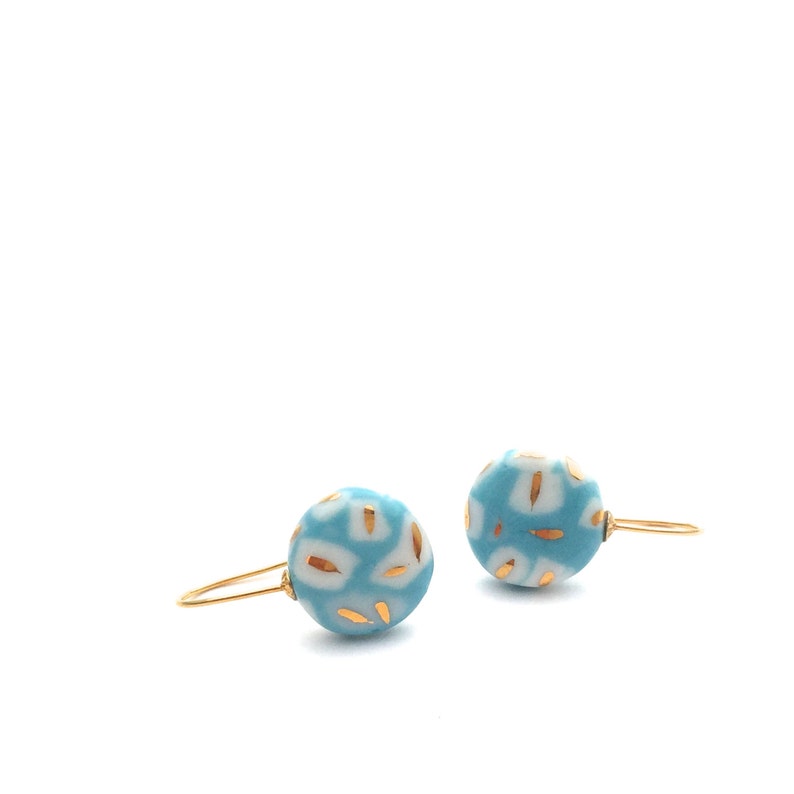 Turquoise ceramic earrings, porcelain jewelry, Mediterranean jewelry, 18k gold earrings, Turquoise dangle earring, Sea blue, Aquamarine image 3