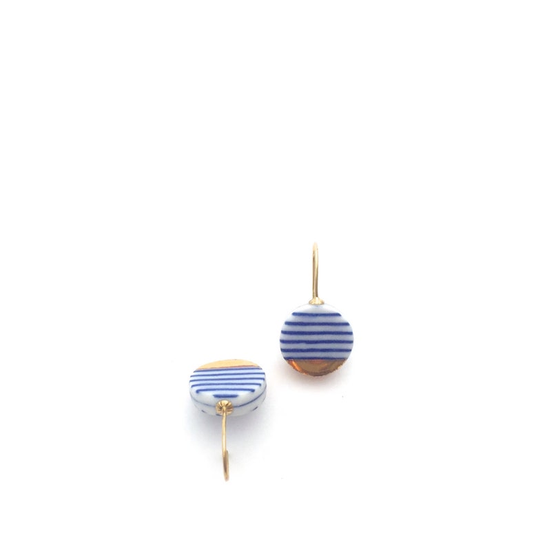 Blue white ceramic earrings, porcelain jewelry, Breton stripes, Nautical style, 18k solid gold, sailor stripes, French fashion, summer beach image 3