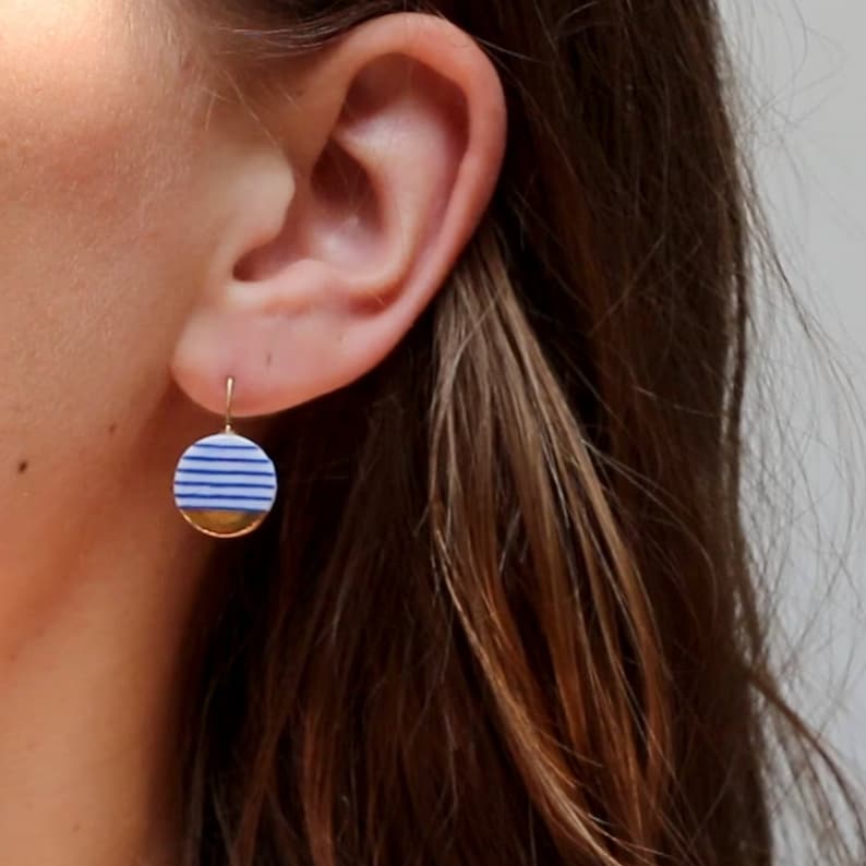 Blue white ceramic earrings, porcelain jewelry, Breton stripes, Nautical style, 18k solid gold, sailor stripes, French fashion, summer beach image 1