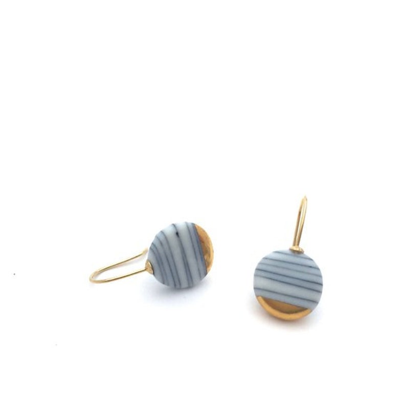 Porcelain and gold earrings, ceramic jewelry, gold dipped earrings, Minimalist earrings, Scandinavian Modern, black and white stripes image 9