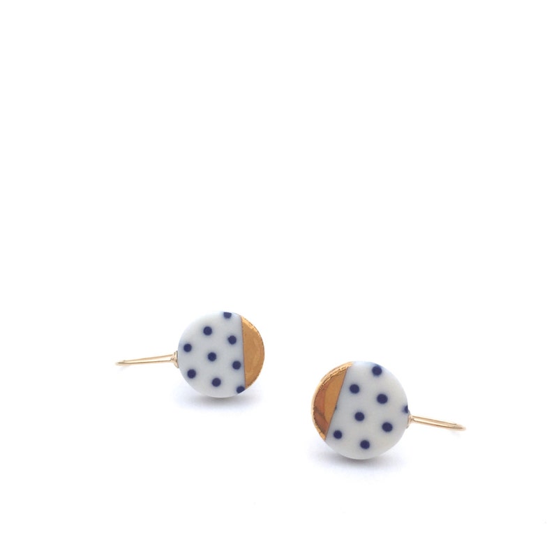 Blue and white Porcelain earring, ceramic jewelry, Polka dot, 18k gold earrings, pottery and ceramic, geometric earrings, Birthday gift image 7