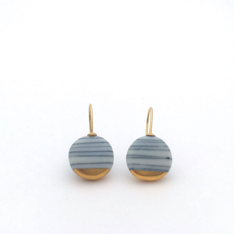 Porcelain and gold earrings, ceramic jewelry, gold dipped earrings, Minimalist earrings, Scandinavian Modern, black and white stripes image 2