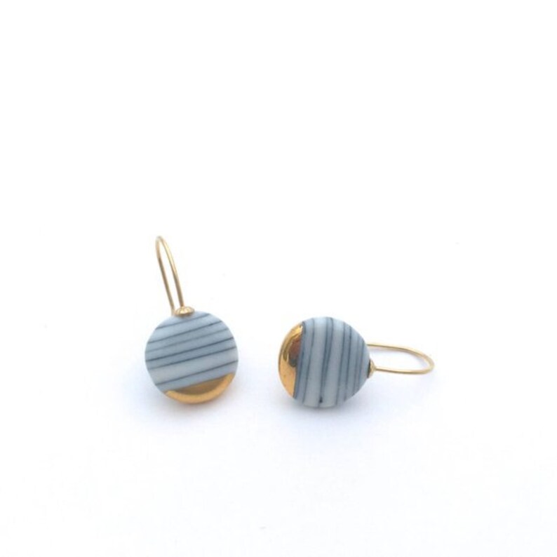 Porcelain and gold earrings, ceramic jewelry, gold dipped earrings, Minimalist earrings, Scandinavian Modern, black and white stripes image 8