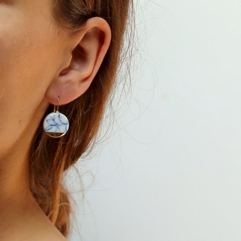 Delft Blue and white porcelain earrings in 18k solid gold ceramic blue white pottery jewelry gift image 2
