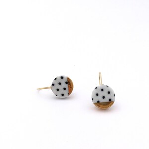 Black and white porcelain earring, pottery and ceramic, 18k solid gold, Gift for girlfriend, Polka dot, round gold dangle earrings image 6