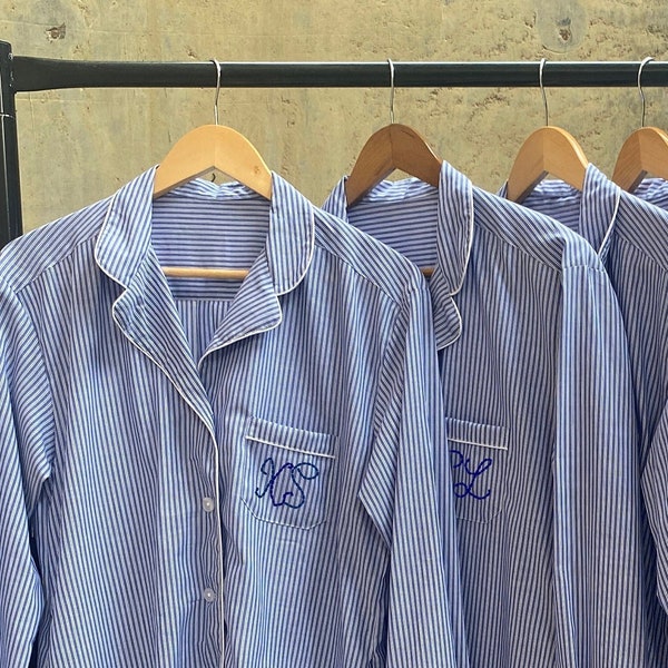 Bridesmaid pajamas. Cotton Blue stripes shirts. Seersuckers shirts. Very Very Light cotton shirts with front pocket and side pockets.