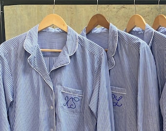Bridesmaid pajamas. Cotton Blue stripes shirts. Seersuckers shirts. Very Very Light cotton shirts with front pocket and side pockets.