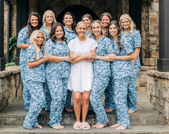 Floral Matching Bridesmaid Pajamas Shirt Long pant set for bridal party and getting ready . Flower girl pj set available too. Indigo Print.