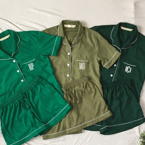 Green New Shirt Short Long Pant Set Monogrammed Bridesmaid Pajamas. Very Soft and Light Pajamas. Plus Sizes also Available.