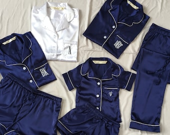 Navy Blue Satin Bridesmaid Pajamas, Bridal Pyjamas, shirt and short set, Flower Girl Pajamas, soft silky satin pajamas.