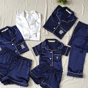 Navy Blue Satin Bridesmaid Pajamas, Bridal Pyjamas, shirt and short set, Flower Girl Pajamas, soft silky satin pajamas.
