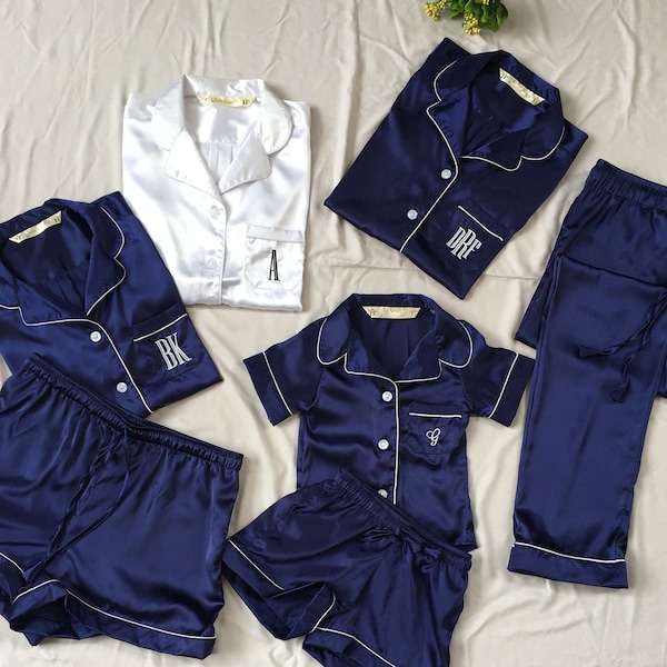 Navy Blue Satin Bridesmaid Pajamas, Bridal Pyjamas, shirt and short set, Flower Girl Pajamas, soft silky satin pajamas.