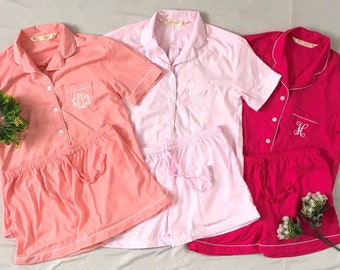 Pink New Shirt Short Long Pant Set Monogrammed Bridesmaid Pajamas. Very Soft and Light Pajamas. Plus Sizes also Available.